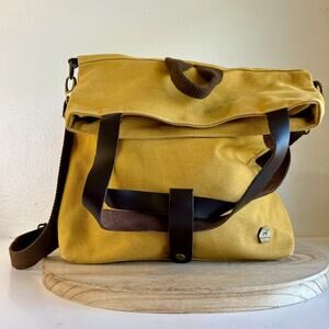 Burban Yellow Cotton Canvas Convertible Backpack Shoulder Bag Leather Straps